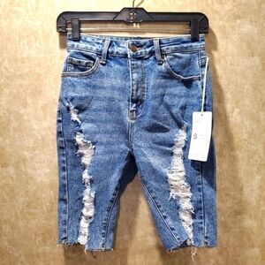 New American Bazi Distressed, Raw Hem, High Rise Denim Bermuda Shorts.